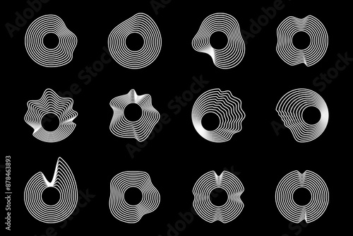 Abstract wavy shape sound equalizer speaker on black background. Linear fluid vector design.