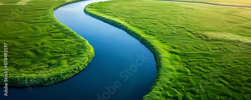 Aerial view of a winding river flowing through lush green fields, showcasing the beauty of nature's landscape.