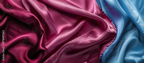 Flat surface with shiny maroon, pink, and blue fabric background for fashion design, including copy space image.