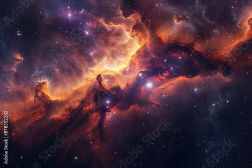 A cosmic nebula in orange and purple tones in space.