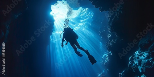 Silhouette of scuba diver in a cenote with light rays.