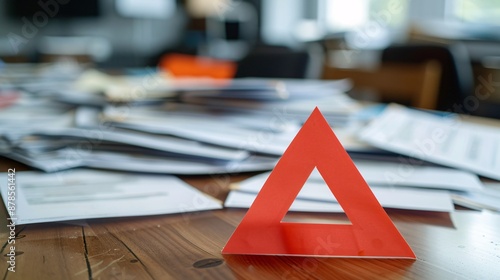 A warning triangle placed prominently on a desk filled with overdue bills and urgent notices, signifying the need for immediate financial action and awareness