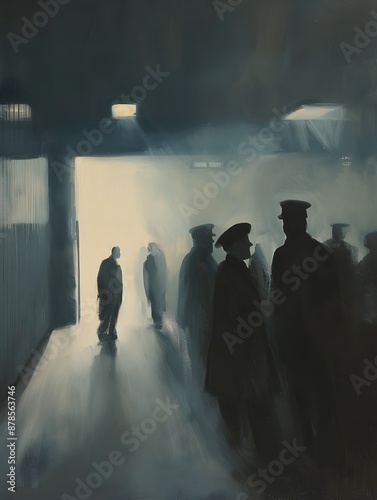 Mysterious Silhouettes in a Dimly Lit Airport Terminal An Atmospheric Oil Painting Evoking Nostalgia and Wanderlust