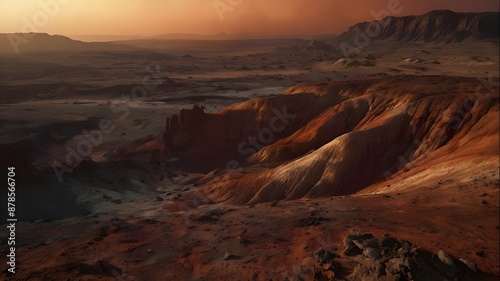 A cinematic photo of Sol, captured through the lens of a high-contrast, large-format camera, emphasizing the stark, rugged beauty of the terrestrial planet's rust-red terrain Generative AI