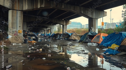 Homeless encampment under an urban bridge with tents