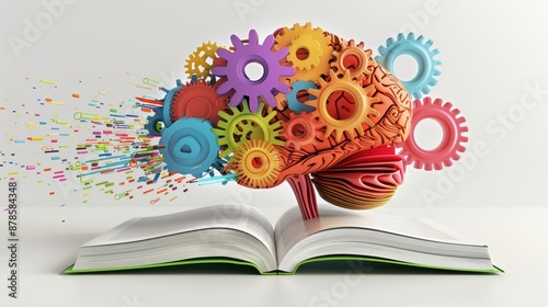 an open book with colorful gears and a brain