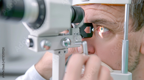 A close-up shot of an ophthalmologist using an ophthalmoscope to examine a patient's retina