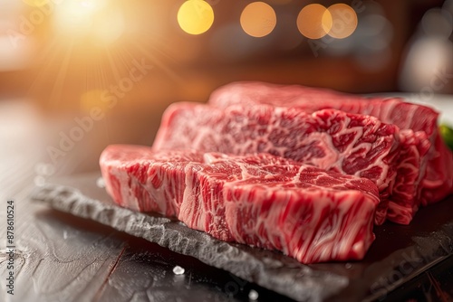 Closeup of Marbled Raw Beef Steaks on a Slate Plate