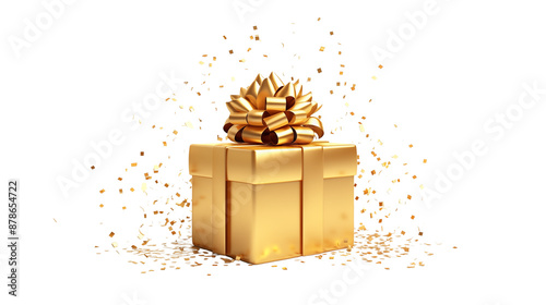 Golden gift box with confetti transparent background.