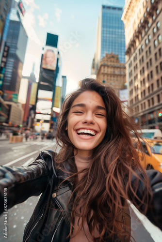 Beautiful young woman having much fun in New York. Cheerful adult tourist feeling happy and excited in Manhattan, USA.