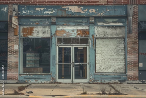 An old, neglected building with shattered windows, portraying a sense of abandonment and decay, Capturing the lackluster mood of empty storefronts and abandoned buildings