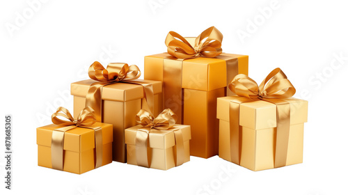 Set of golden gift boxes adorned with shiny golden ribbons transparent background.