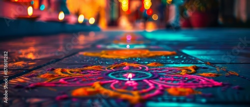 A closeup of a rangoli design for Diwali