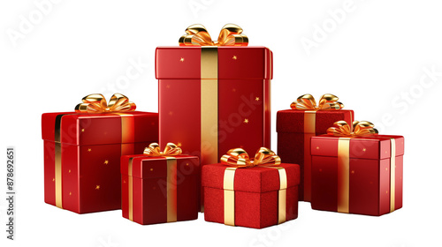 Set of red gift boxes adorned with shiny golden ribbons transparent background.