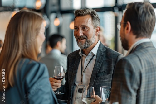 Corporate CEOs mingling and networking around a table with wine glasses during a cocktail event, CEOs mingling and networking at a corporate cocktail reception