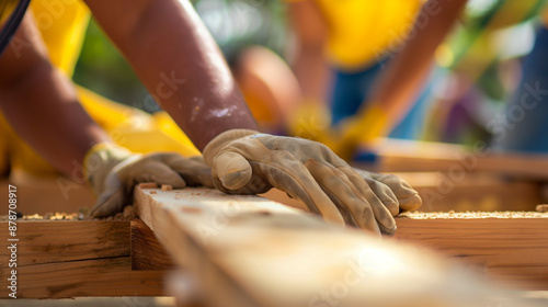 Volunteers building houses for the underprivileged, teamwork and construction activity, upper third copy space