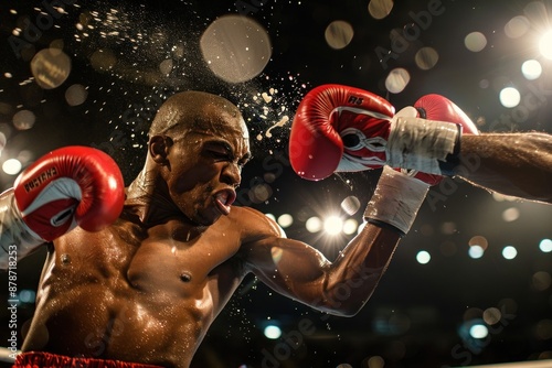 A boxer landing a knockout blow with a perfectly timed uppercut