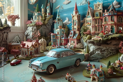 A miniature, toy car parked on a child's bedroom floor, surrounded by fantastical miniature buildings and landscapes