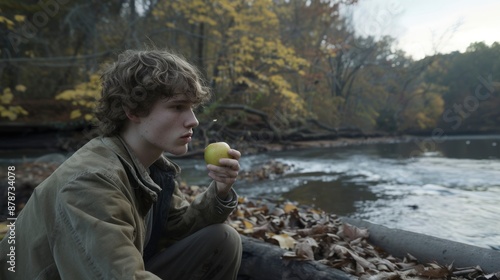 Contemplative Teenager Sits on Log by Riverbank in Autumn