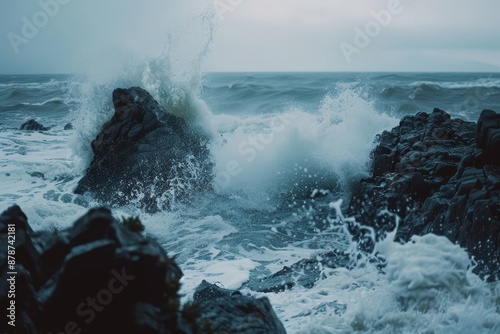 A large wave forcefully collides with the rugged rocks along the ocean shore, creating a dramatic impact, Crashing waves against a rugged shoreline