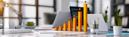 Photorealistic 3D bar chart showing business performance metrics in a modern office setting, business data visualization, statistical analysis illustration