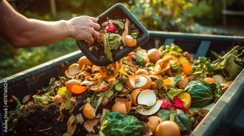 Composting Organic Waste in a Garden Bin at Sunset