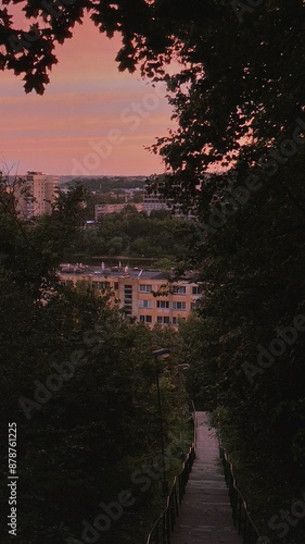 A nostalgic view of a city during sunset