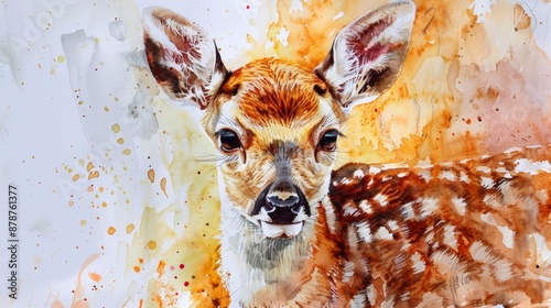 Graceful Watercolor Fawn Portrait with Splashes