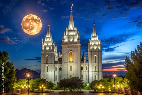 Salt Lake City Mormon LDS Latter-day Saing Temple at night with moon