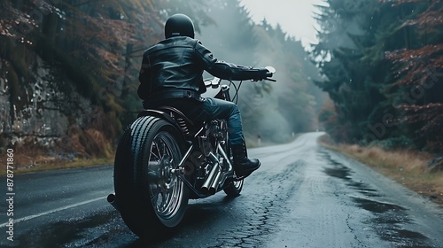 Motorcyclist on a chopper looking from the back wheel