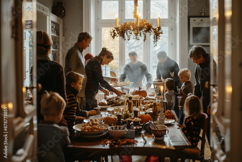 Family Thanksgiving Gathering Preparing Festive Meal. Concepts of family, togetherness, and holiday celebration.