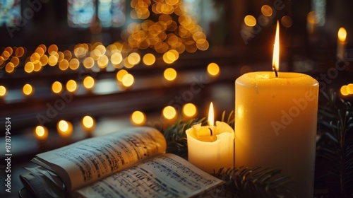 Lit candles and hymnal on table in church setting