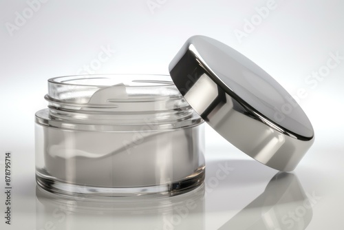  Open jar of face cream with metallic lid on white background for skincare and beauty product advertisement