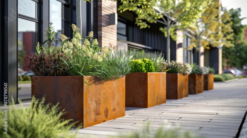 Modern corten steel planters line urban sidewalk