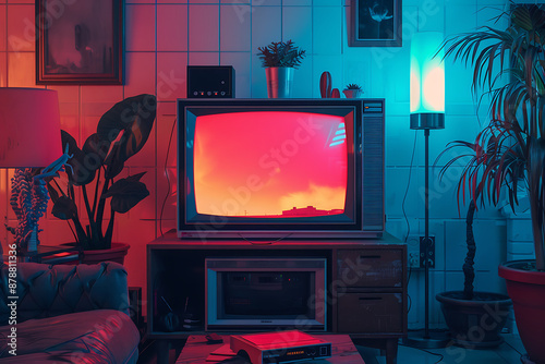 Retro TV, red, blue, and brown, vintage aesthetic, nostalgic 80s vibe, evoking a sense of nostalgia and a bygone era. 