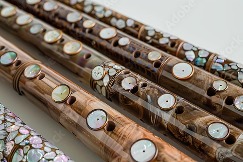 A set of musical instruments, each inlaid with mother-of-pearl buttons