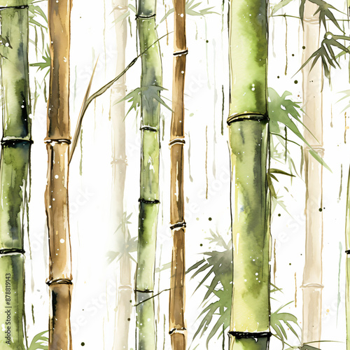 Bamboo forest seamless pattern on white background. Asian concept. Green bamboo stalks and leaves. Watercolor or ink traditional orientalist illustration for design print, wallpaper, textile, fabric