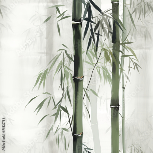 Bamboo forest seamless pattern on light background. Asian concept. Green bamboo stalks and leaves. Watercolor or ink traditional orientalist illustration for design print, wallpaper, textile, fabric