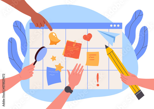 Notes on board concept. Planning and scheduling. Time management and organizing of efficient workflow. Workers in office with tasks. Cartoon flat vector illustration isolated on white background