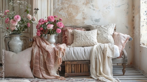 french country decor, enhance french provincial interior design with vintage vases filled with fresh flowers, muted floral throw pillows, and rustic wooden crates for storage