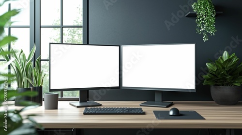 Mockup of two monitors on desk against black wall with window, AI-generative