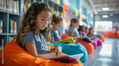 A reading nook in a classroom, students quietly absorbed in their books