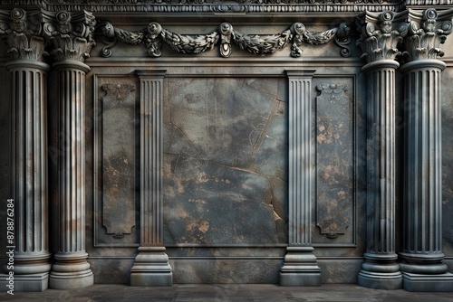 Ornate gray marble wall with columns and decorative flourishes