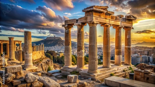 Majestic remnants of ancient Ionic columns stand proudly on the Acropolis in Athens, Greece, surrounded by scattered ruins and majestic cityscape background.