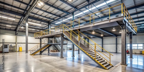 Industrial metal mezzanine with sleek temporary design, staircase, and machinery, surrounded by concrete floor and walls, conveying a sense of modern manufacturing facility.