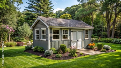 Serene Hamptons-inspired grey garden shed with tiny house features, window, doors, amidst lush green grass, trees, and adjacent garage structure.