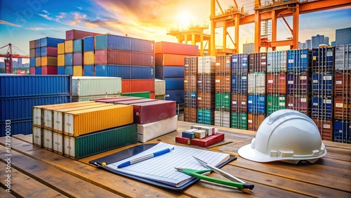 Meticulous custom inspectors' tools and documents surround stacks of imported goods on a desk, highlighting the thorough scrutiny and formalities in global trade transactions.