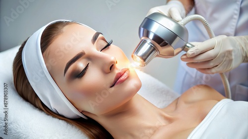 High-tech beauty equipment and gleaming metal applicator gadget poised over silky smooth skin, awaiting precision laser hair removal treatment.