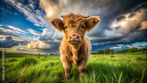 Adorable baby Highland cow with shaggy fur and curious eyes stands alone in a lush green meadow under cloudy sky.