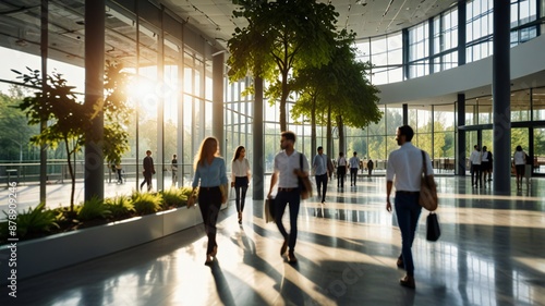 Blurred background of people walking in a modern office building with green trees and sunlight , eco friendly and ecological responsible business concept